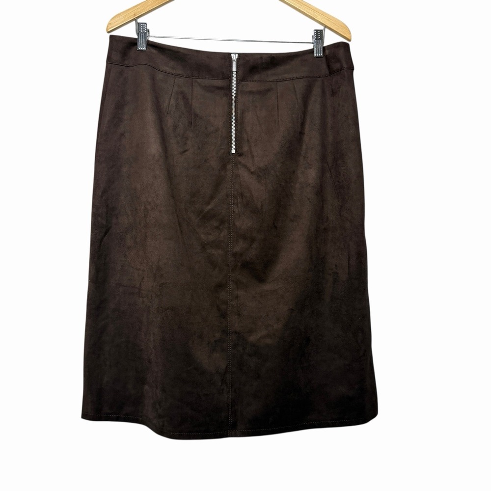 Chico's Faux Suede Midi Skirt Womens 2 Chocolate Brown Back Zip Lined Minimalist - Picture 3 of 12